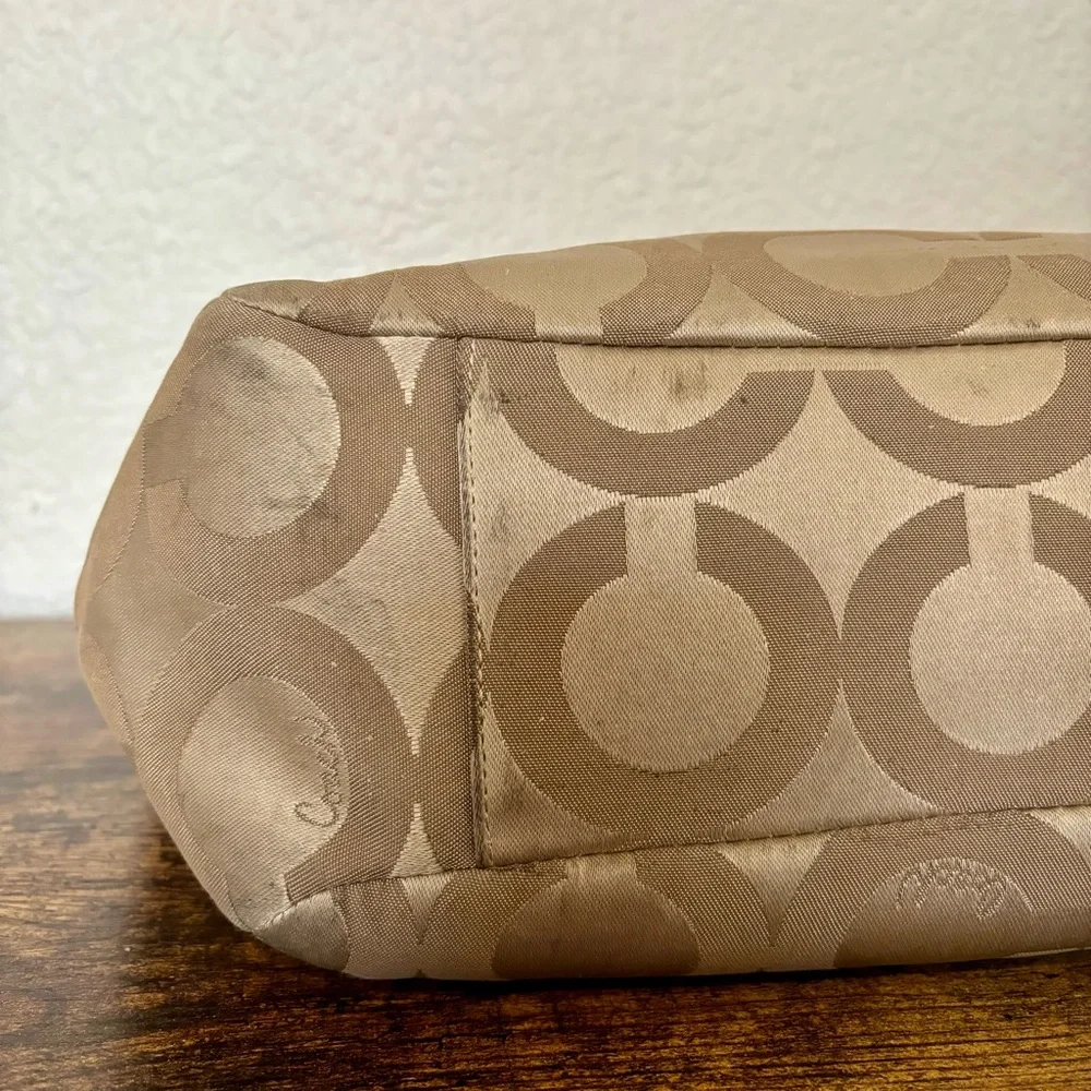Coach Canvas Leather Tote Madison Tribeca Op Art Small Gold Tan Brown Pink Satin - Picture 14 of 15